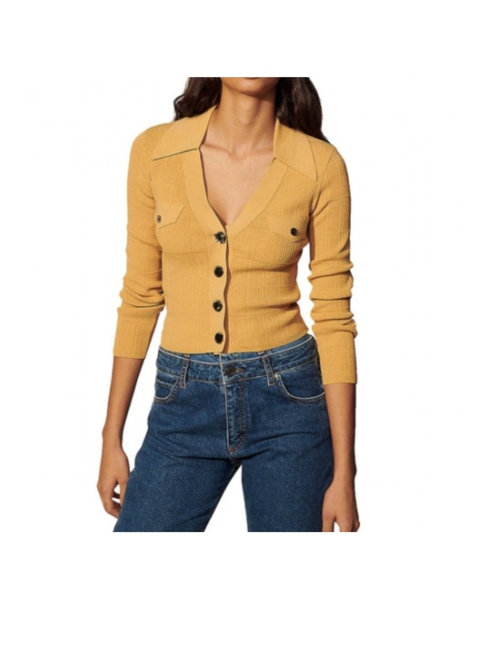 Sandro Paris Ribbed Mustard Collard Cardigan